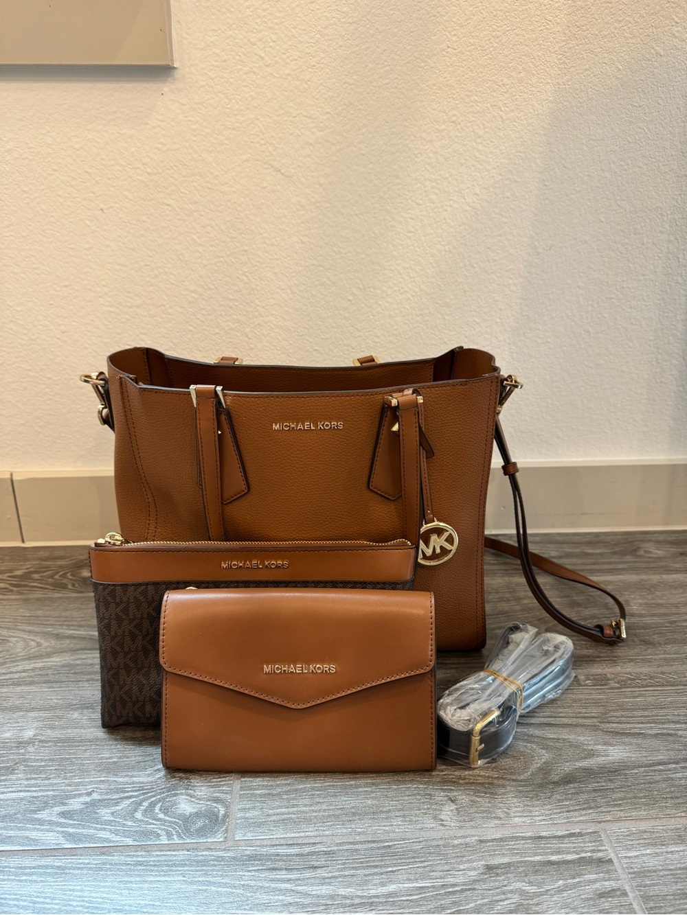 Michael Kors Tan Brown Leather Tote and Wallet Set with MK Charm